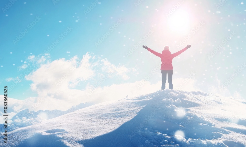 Victory on a Snowy Mountain Peak Under Bright Sunlight Victory on a Snowy Mountain Peak Under Bright Sunlight