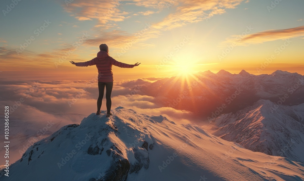 Obraz premium Woman Embraces Sunrise on Snowy Mountain Peak