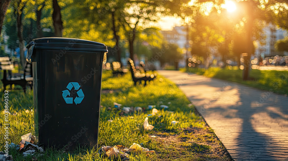 Close-up of a recycling bin in a city park, surrounded by grass and a few park benches in the background. --chaos Close-up of a recycling bin in a city park, surrounded by grass and a few park benches in the background. --chaos