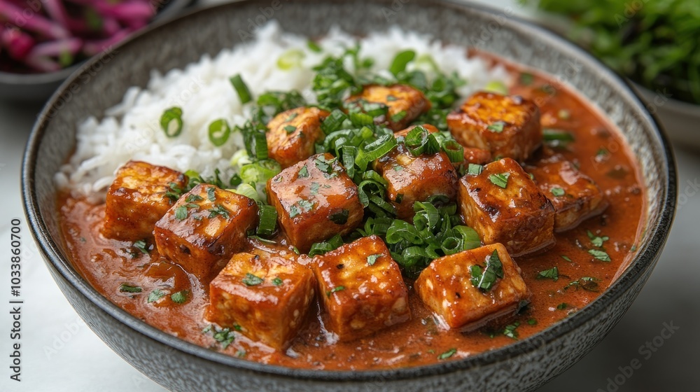 A bowl of tofu in a savory sauce served over rice. A bowl of tofu in a savory sauce served over rice.
