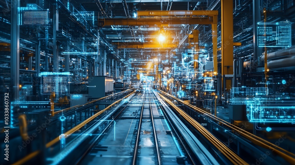 Futuristic Factory Interior with Automated Conveyor Systems and High Tech Machinery Futuristic Factory Interior with Automated Conveyor Systems and High Tech Machinery