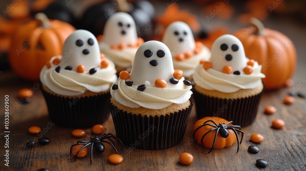 An artistic, close-up shot of Halloween-themed desserts and treats on a wooden table An artistic, close-up shot of Halloween-themed desserts and treats on a wooden table