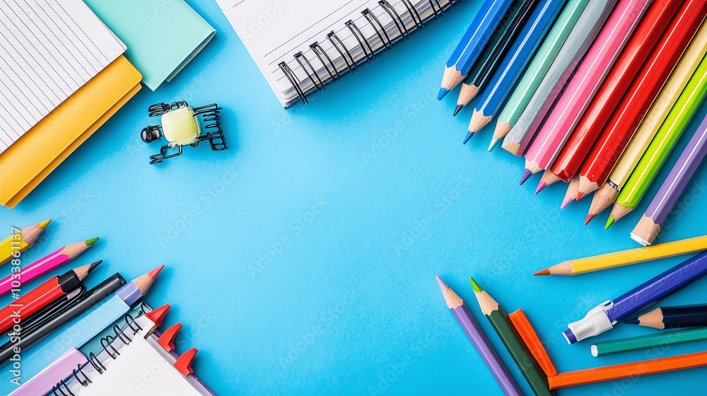 Fototapeta premium Various stationery pencils, a notebook and textbooks are shown against a blue background.