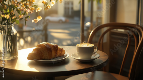 A peaceful scene with a cappuccino and a croissant on a small caf table in soft morning light.  photo