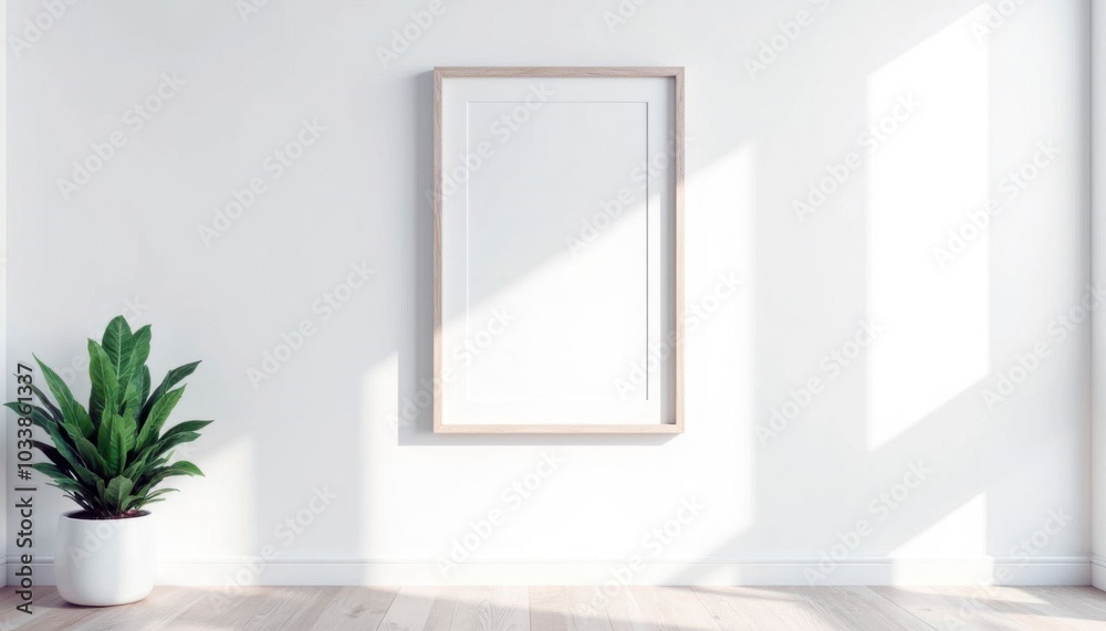 Serene interior with white frame and potted plant casting shadows on light wall with copy space Serene interior with white frame and potted plant casting shadows on light wall with copy space