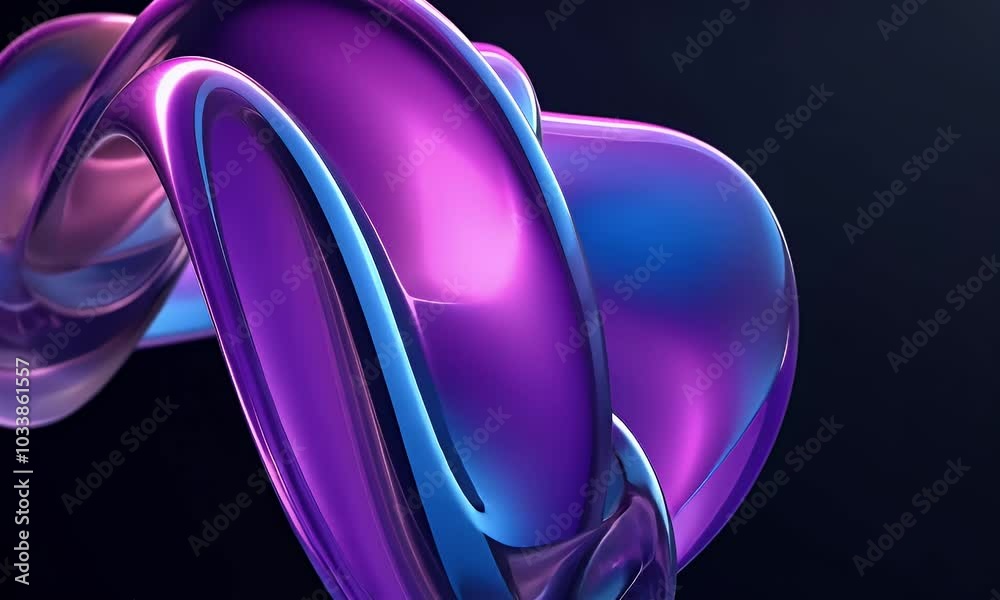 
3D render, abstract glass shapes with a purple and blue gradient on a black background, elegant curves and swirls.