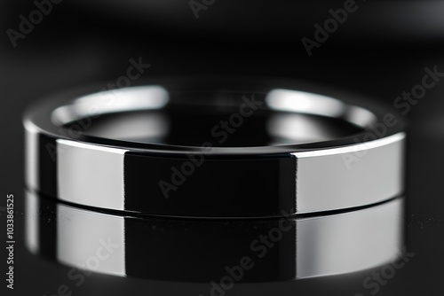 A minimalistic silver ring is showcased on a black base, with its surfaces brilliantly reflecting light, emphasizing a modern and clean aesthetic appeal. photo