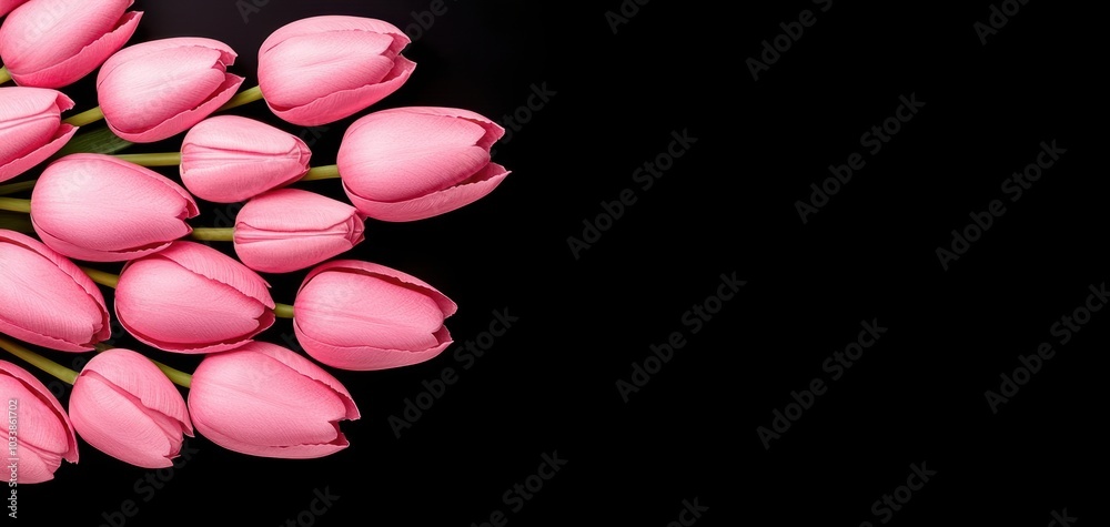 Beautiful pink tulips arranged elegantly on a black background.