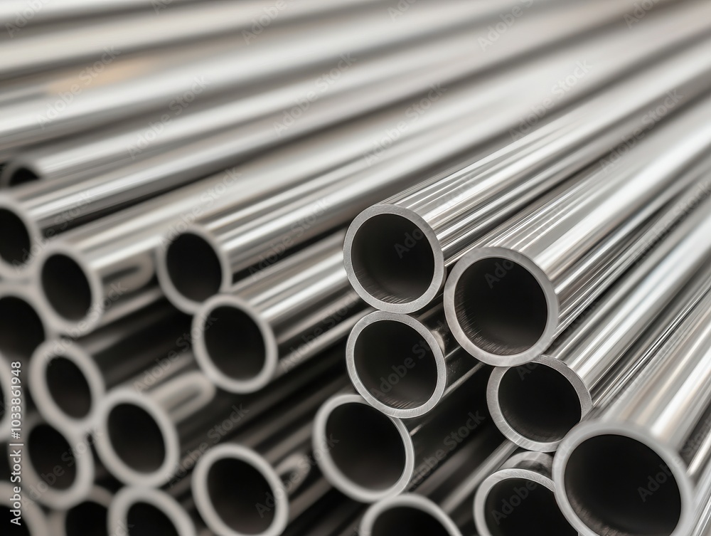 Close-up of shiny metal tubes stacked together, showcasing their smooth surfaces and circular openings. Close-up of shiny metal tubes stacked together, showcasing their smooth surfaces and circular openings.