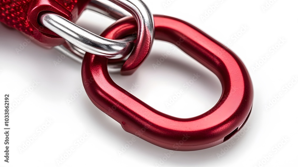 Red locking karabiner done up, isolated on white background, with copy space. Close up of locking carabiner. Basic climbing gear. Red locking karabiner done up, isolated on white background, with copy space. Close up of locking carabiner. Basic climbing gear.