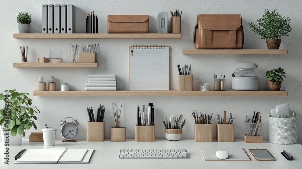 A desk with a white background and a shelf with a white notebook on it A desk with a white background and a shelf with a white notebook on it