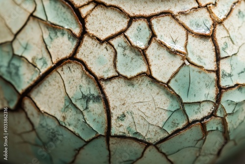 A close-up of a cracked bluish-green glaze ceramic surface, featuring complex textures and a harmonious blend of colors, an aesthetic exploration of beauty. photo