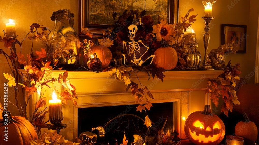Obraz premium A cozy living room filled with vintage Halloween decorations--carved pumpkins, paper skeletons, flickering candles, and autumn leaves on a fireplace mantel