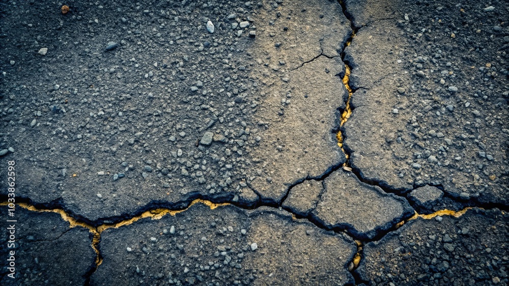 Obraz premium A weathered asphalt surface reveals a network of cracks, highlighting the passage of time and the resilience of the material.