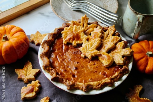 Pumpkin Pie Homemade With Decorative Pastry Thanksgiving Dessert