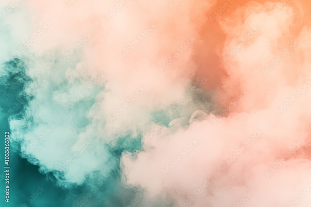 Obraz premium A mesmerizing blend of colorful mist, swirling in soft pastel hues of orange and teal. This abstract composition evokes a sense of tranquility and dreaminess.
