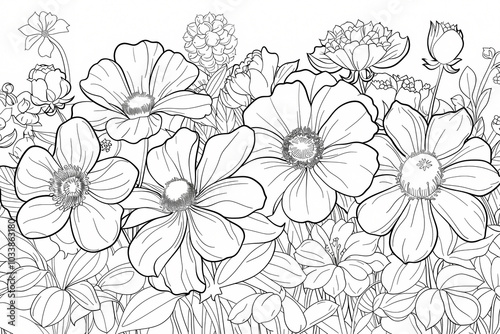 Wallpaper Mural Intricate line drawing of various floral blooms, showcasing detailed petals and leaves in a monochrome style, perfect for coloring enthusiasts. Torontodigital.ca