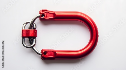 Red locking karabiner done up, isolated on white background, with copy space. Close up of locking carabiner. Basic climbing gear.  photo