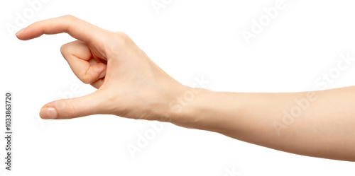 Woman hand grabbing or measuring something isolated on white