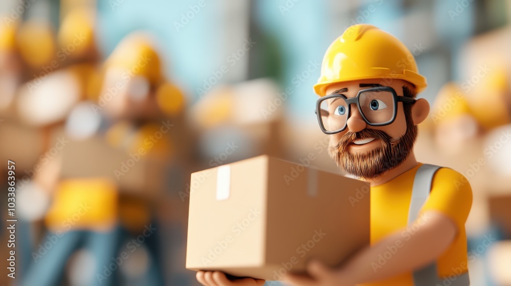 A cartoon-style worker wearing glasses and a helmet is holding a box in a bustling warehouse setting, emphasizing diligence and teamwork in a vibrant palette. A cartoon-style worker wearing glasses and a helmet is holding a box in a bustling warehouse setting, emphasizing diligence and teamwork in a vibrant palette.
