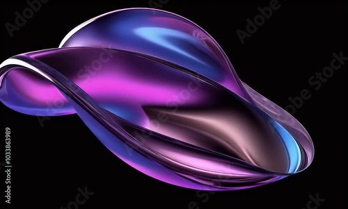 
3D render, abstract glass shapes with a purple and blue gradient on a black background, elegant curves and swirls.