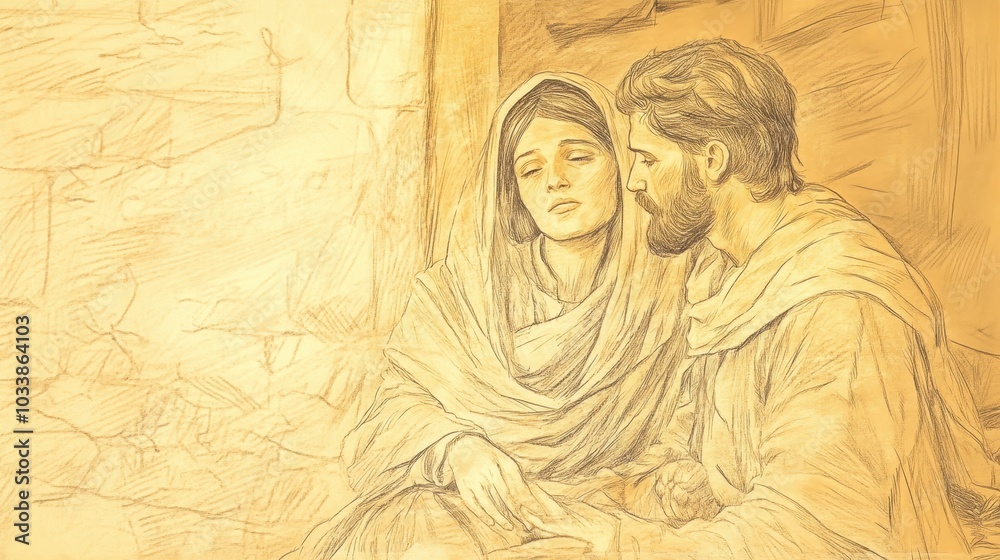 Fototapeta premium The Humble Annunciation Mary Receiving the Miraculous Message from the Angel Gabriel Her Face Illuminated with Wonder and Acceptance as She Embraces Her Divine Calling