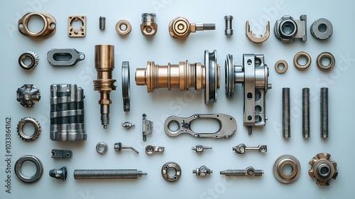 Collection of mechanical components arranged for analysis or display.