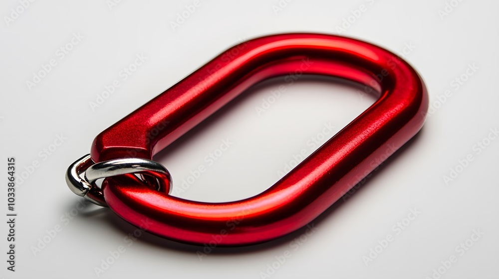 Red locking karabiner done up, isolated on white background, with copy space. Close up of locking carabiner. Basic climbing gear. Red locking karabiner done up, isolated on white background, with copy space. Close up of locking carabiner. Basic climbing gear.