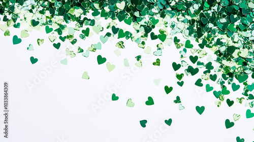 Shimmering green heart confetti cascading down a light background for festive celebrations