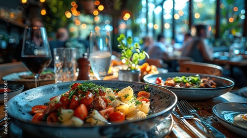 A beautifully plated dish of pasta with fresh vegetables served in a restaurant setting, with ambient lighting and patrons enjoying their meals in the background