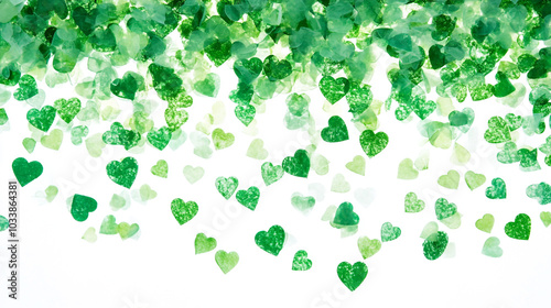 Green hearts cascading from above in a gentle, artistic display of love and nature's hues