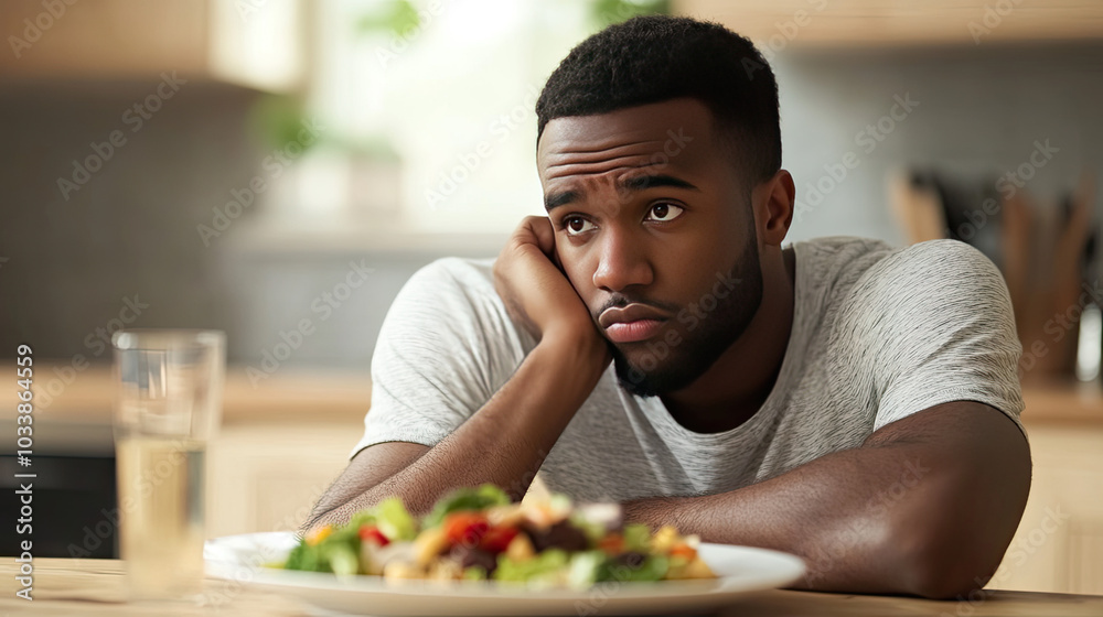 Man resting his chin on his hand with a bored face, gazing at a plate of bland diet food, expressing diet boredom. --chaos Man resting his chin on his hand with a bored face, gazing at a plate of bland diet food, expressing diet boredom. --chaos