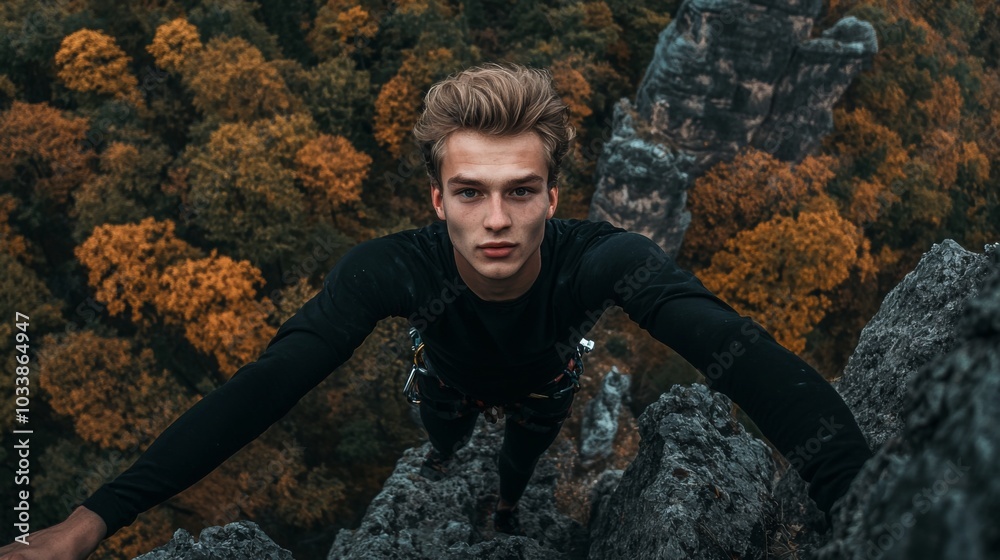 Naklejka premium rock climber selfie on vertical ascend