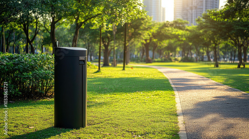 Modern design trash bin in a city park, with a walking path and green lawn stretching into the distance. --chaos