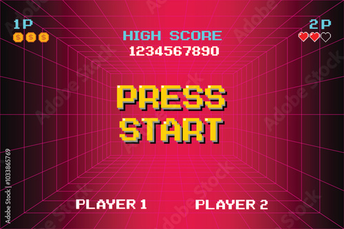 PRESS START. pixel art .8 bit game. retro game. for game assets .Retro Futurism Sci-Fi Background. glowing neon grid. and stars from vintage arcade computer games