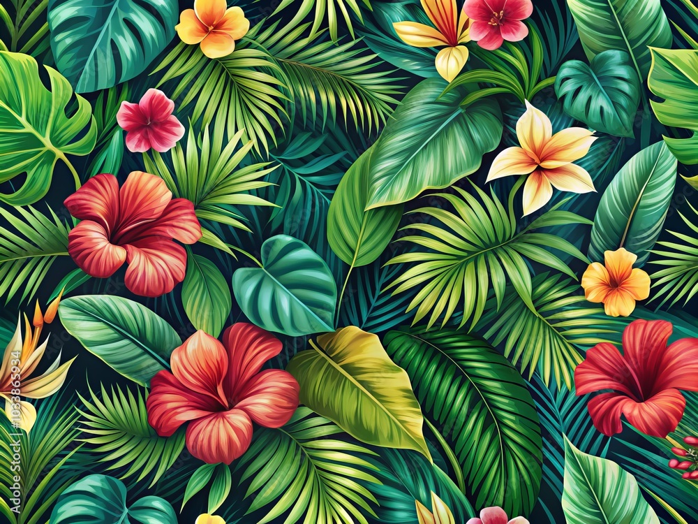Fototapeta premium Tropical Plant Pattern Design for Home Decor, Fashion, and Stationery - Lush Greenery, Exotic Flora, Botanical Prints, Summer Vibes, Nature Inspired Backgrounds
