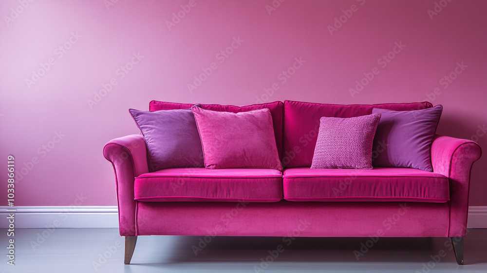 Cozy pink sofa with cushions against a vibrant pink wall in a stylish living room Cozy pink sofa with cushions against a vibrant pink wall in a stylish living room