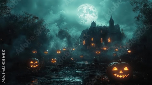 spooky halloweenthemed background with ominous pumpkins and a shadowy haunted house the dark forest setting is illuminated by eerie moonlight creating a chilling atmosphere for themed events