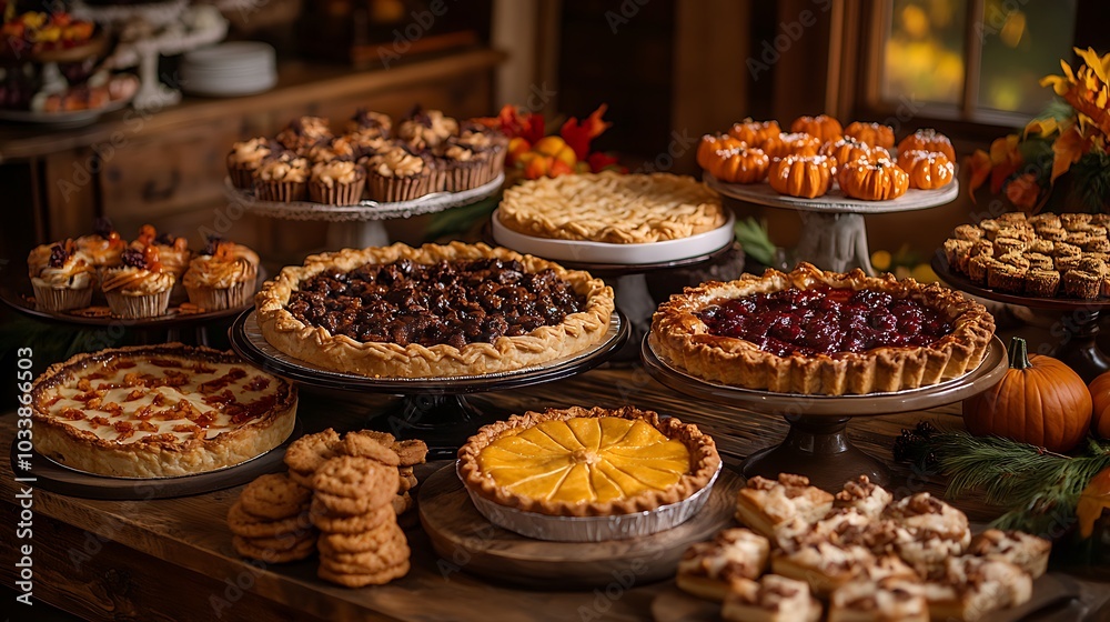 A beautifully arranged Thanksgiving dessert table with an assortment of pies, cakes, and cookies, decorated with autumn leaves and small pumpkins. The table is set in a cozy, rustic setting with soft, A beautifully arranged Thanksgiving dessert table with an assortment of pies, cakes, and cookies, decorated with autumn leaves and small pumpkins. The table is set in a cozy, rustic setting with soft,