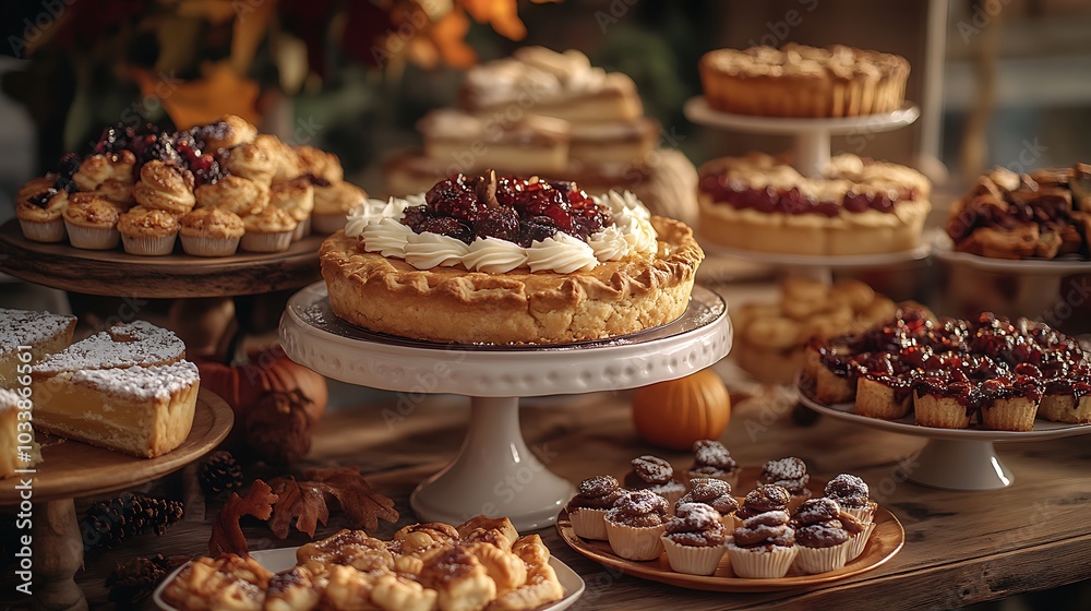 A beautifully arranged Thanksgiving dessert table with assorted pies, cakes, and cookies, decorated with rustic autumn leaves and small pumpkins. The desserts are captured in soft, warm lighting,