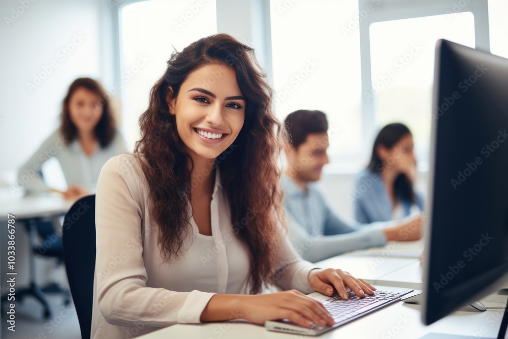 Young Woman Working computer portrait student. Young Woman Working computer portrait student.