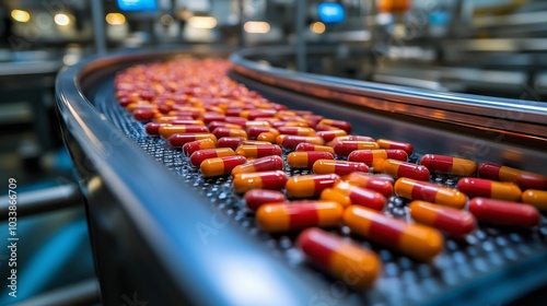 Pharmaceutical Capsules on Conveyor Belt in a High-Tech Manufacturing Facility