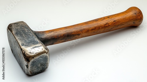 A hammer with a wooden handle sits on a white background