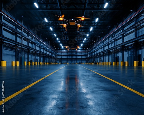 A dimly lit industrial warehouse featuring yellow safety barriers and drones hovering above, showcasing modern technology and spaciousness.