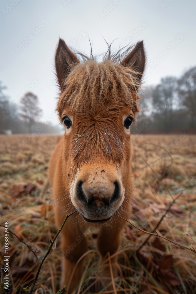 Obraz premium A young, adorable pony with a shaggy mane standing in a misty field during an early morning, capturing the essence of nature's tranquil beauty