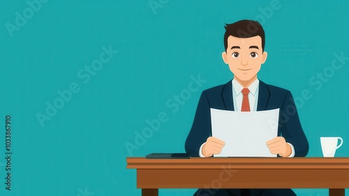 Reporter in front of breaking news banner, delivering headline, flat design illustration