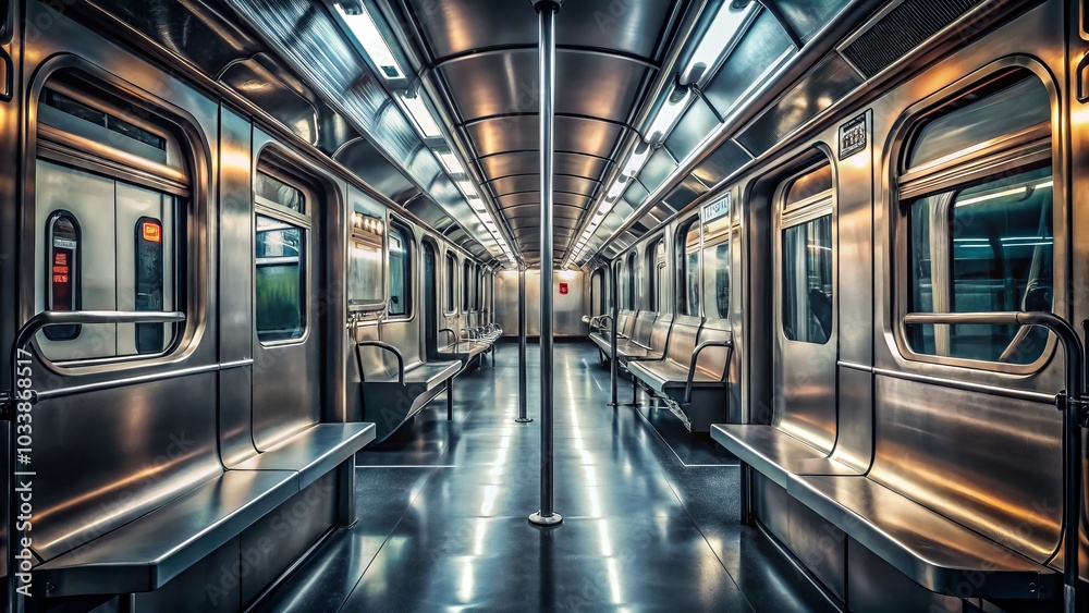 Obraz premium Urban Mystery in Abandoned Subway: Empty Train Doors, Sleek Silver Finish, Dim Lighting, Bokeh Effect, Nostalgic Atmosphere, Urban Exploration, Urban Photography
