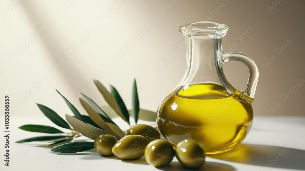 Elegant Display of Olive Oil Jug and Fresh Olives on White Background with Natural Lighting
