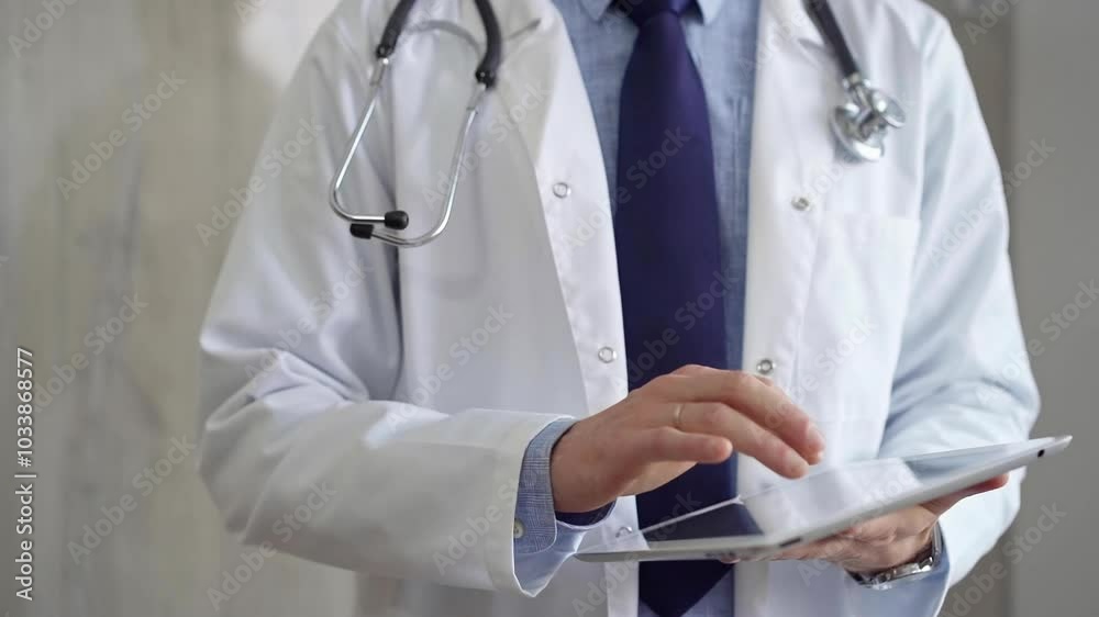 Doctor man wearing lab coat and stethoscope using tablet computer in hospital. Medicine and science