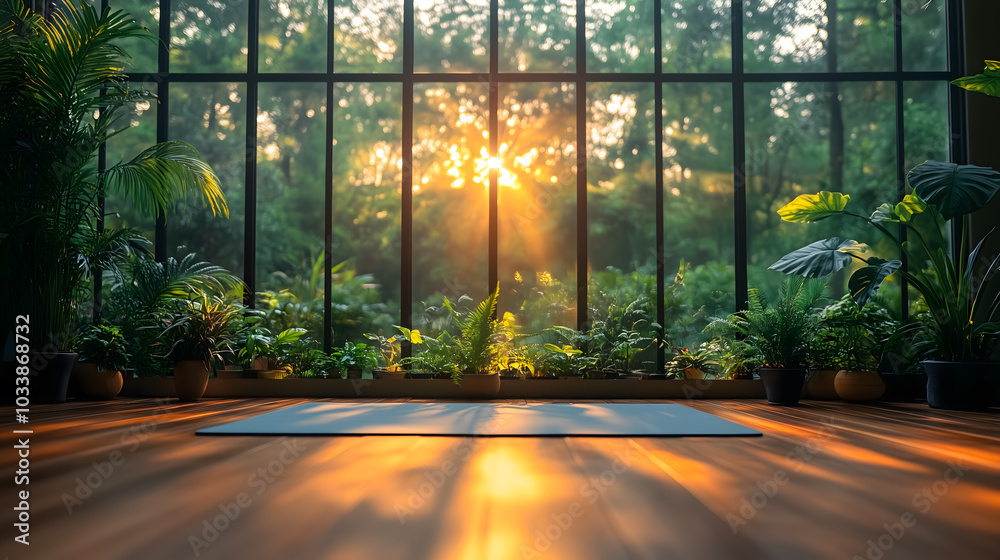Serene Yoga Space with Sunlight and Greenery by a Large Window Serene Yoga Space with Sunlight and Greenery by a Large Window